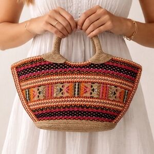 BNWT Handcrafted Boho Straw Mini Basket Bag Ethnic Artisan Embroidered Tote